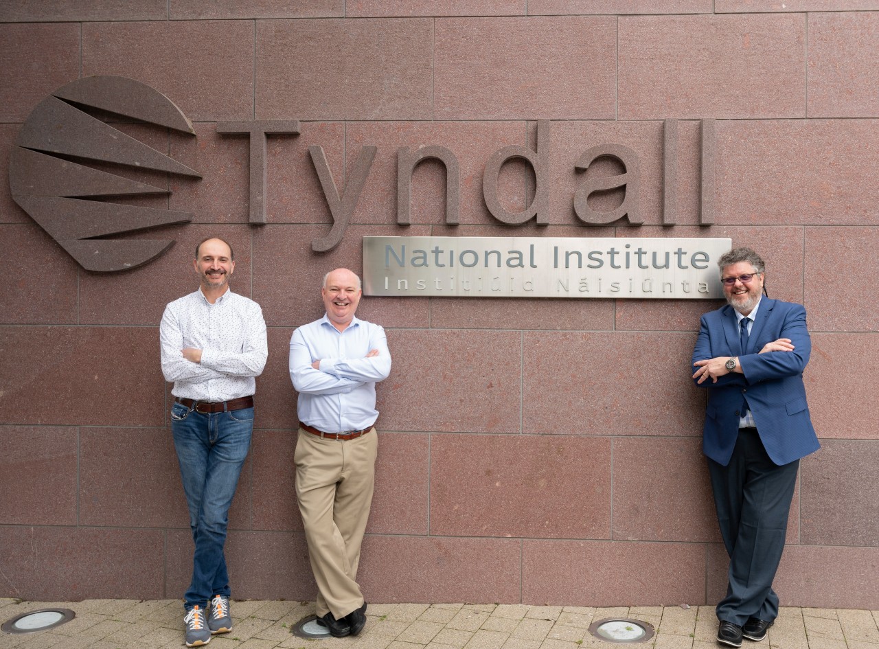 Tyndall researchers Dr Karim Cherkaoui and Prof. Paul Hurley alongside Visiting Fellow Prof. Robert M. Wallace outside Tyndall National Institute in Cork city.