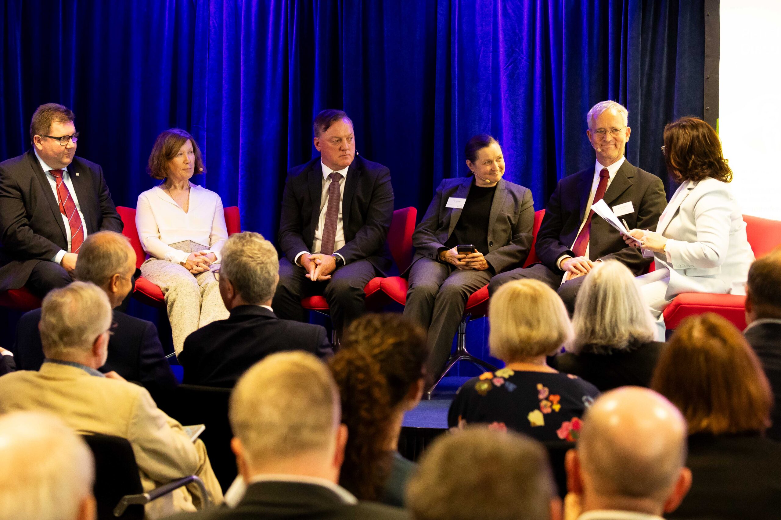 Panel discussion at Tyndall 2030 strategic launch featuring Mathias Rauch, Mary Finegan, Erja Turunen and Arian Zwegers, alongside MC Siobhan Dolan Clancy and Paul Kelleher.